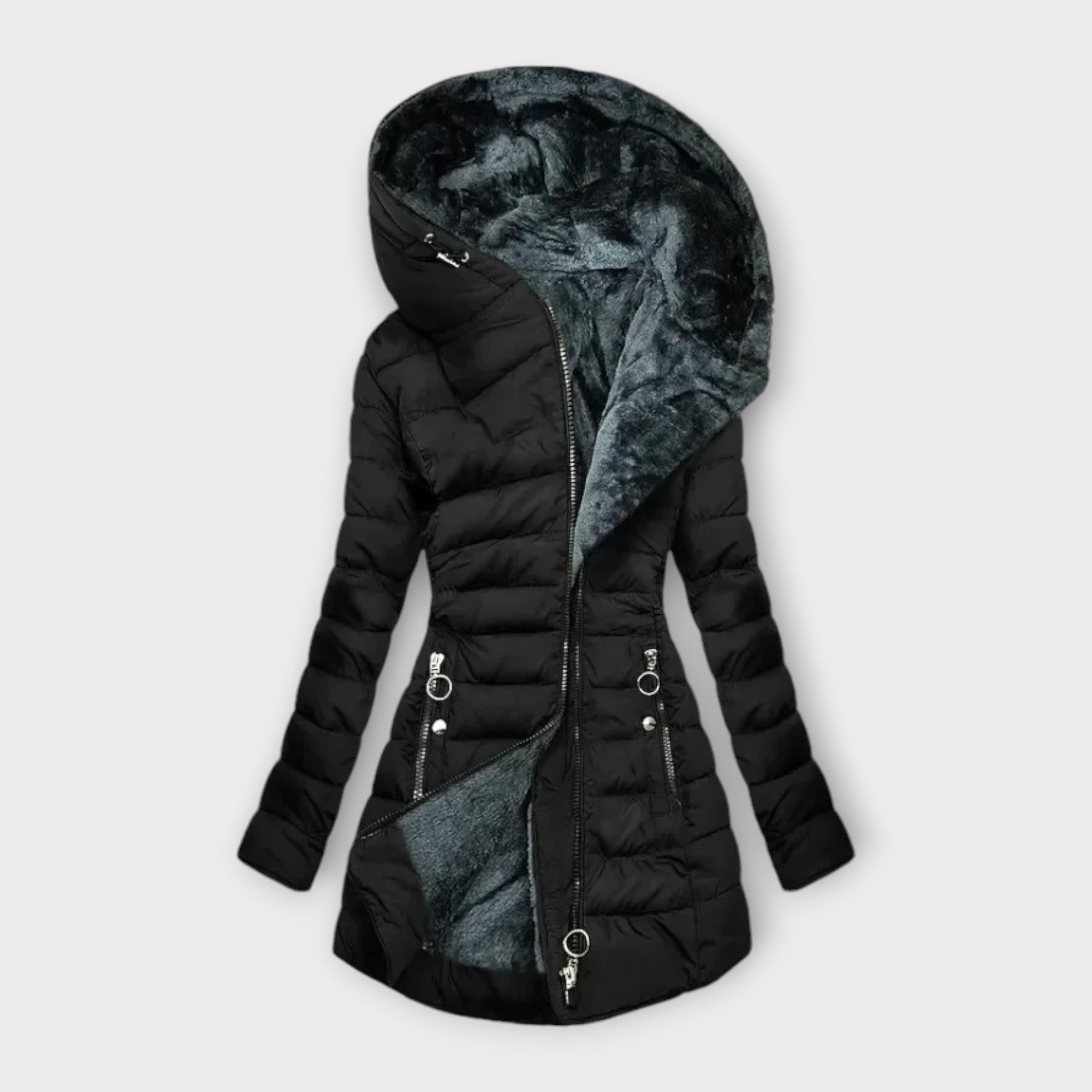 Amara – Dames Lange Winterjas met Luxe Bontvoering