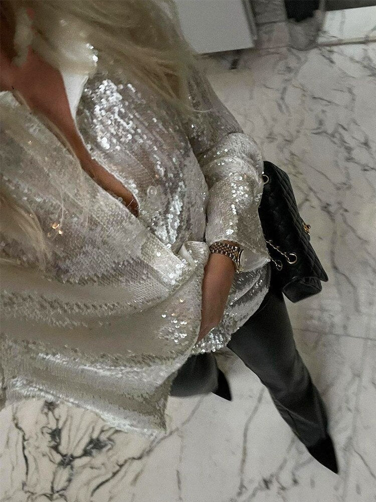 Isabella – Oversized Glitter Damesblouse