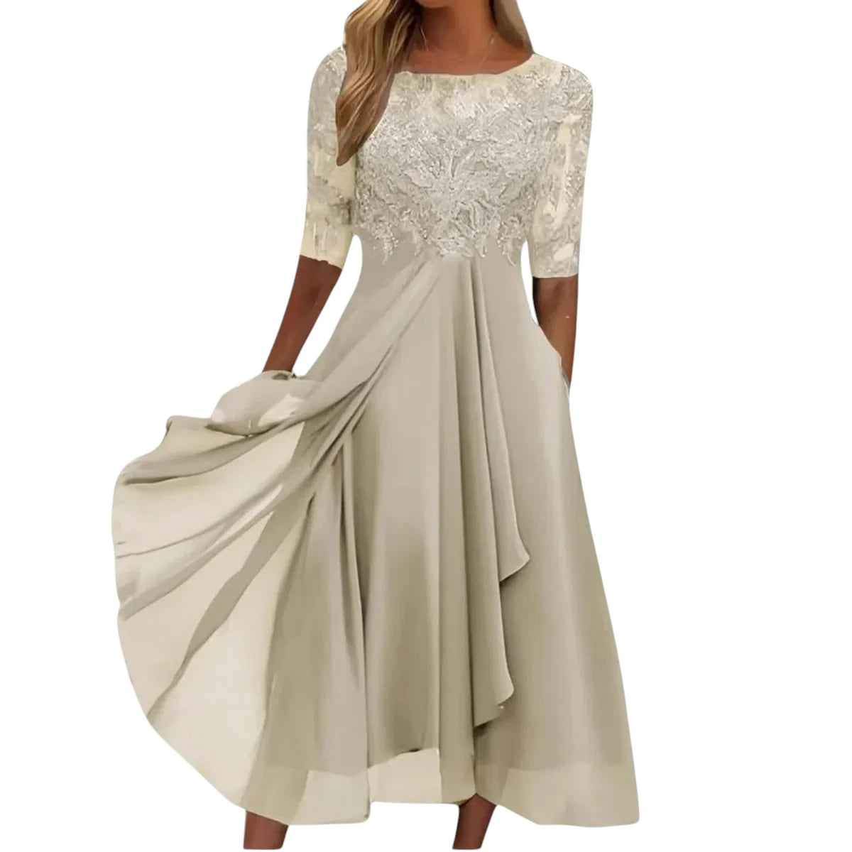 Eline – Dames Elegante Kant Midi Jurk