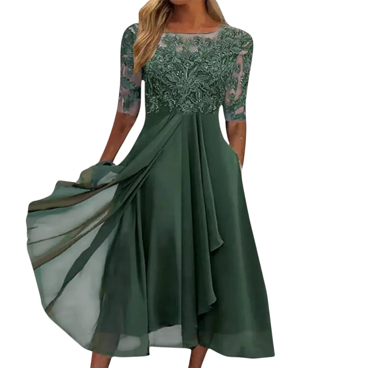 Eline – Dames Elegante Kant Midi Jurk