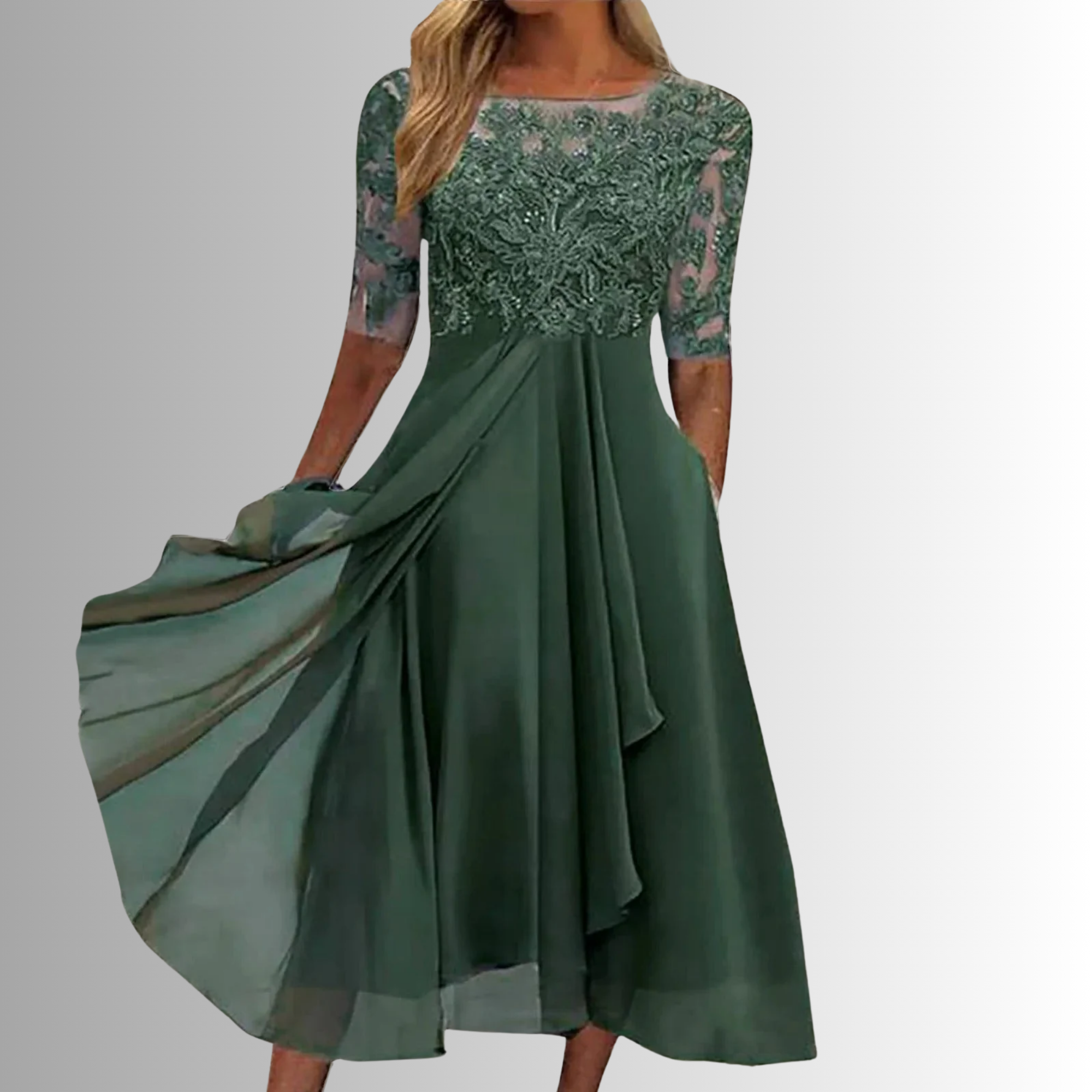 Eline – Dames Elegante Kant Midi Jurk