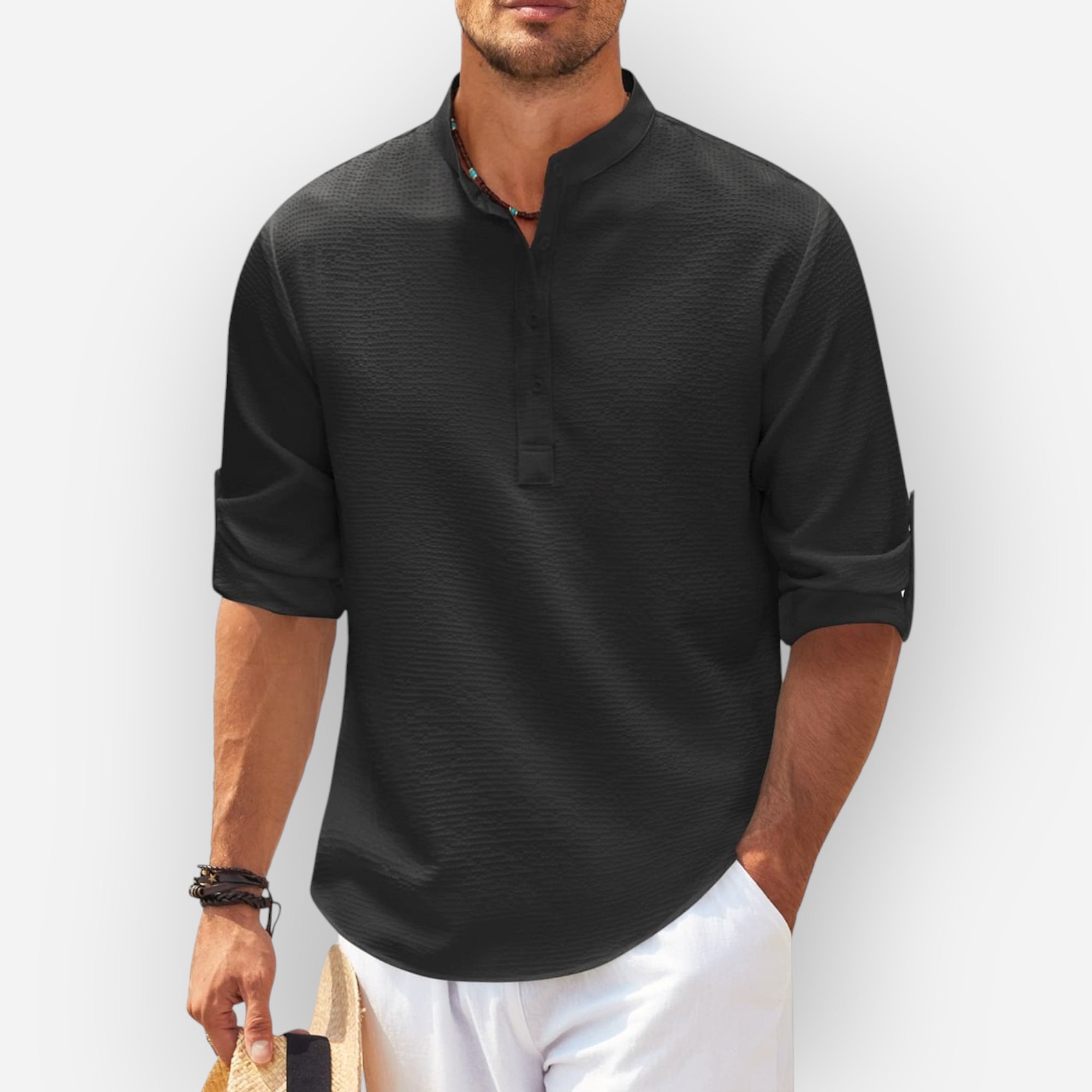 LucaMoretti™ katoen-linnen heren shirt met lange mouwen