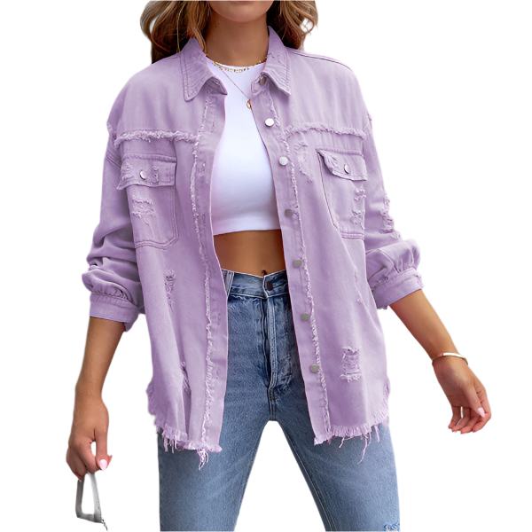 Camille – Vrouwelijk Denim Jack met Kleurrijke Distressed Look