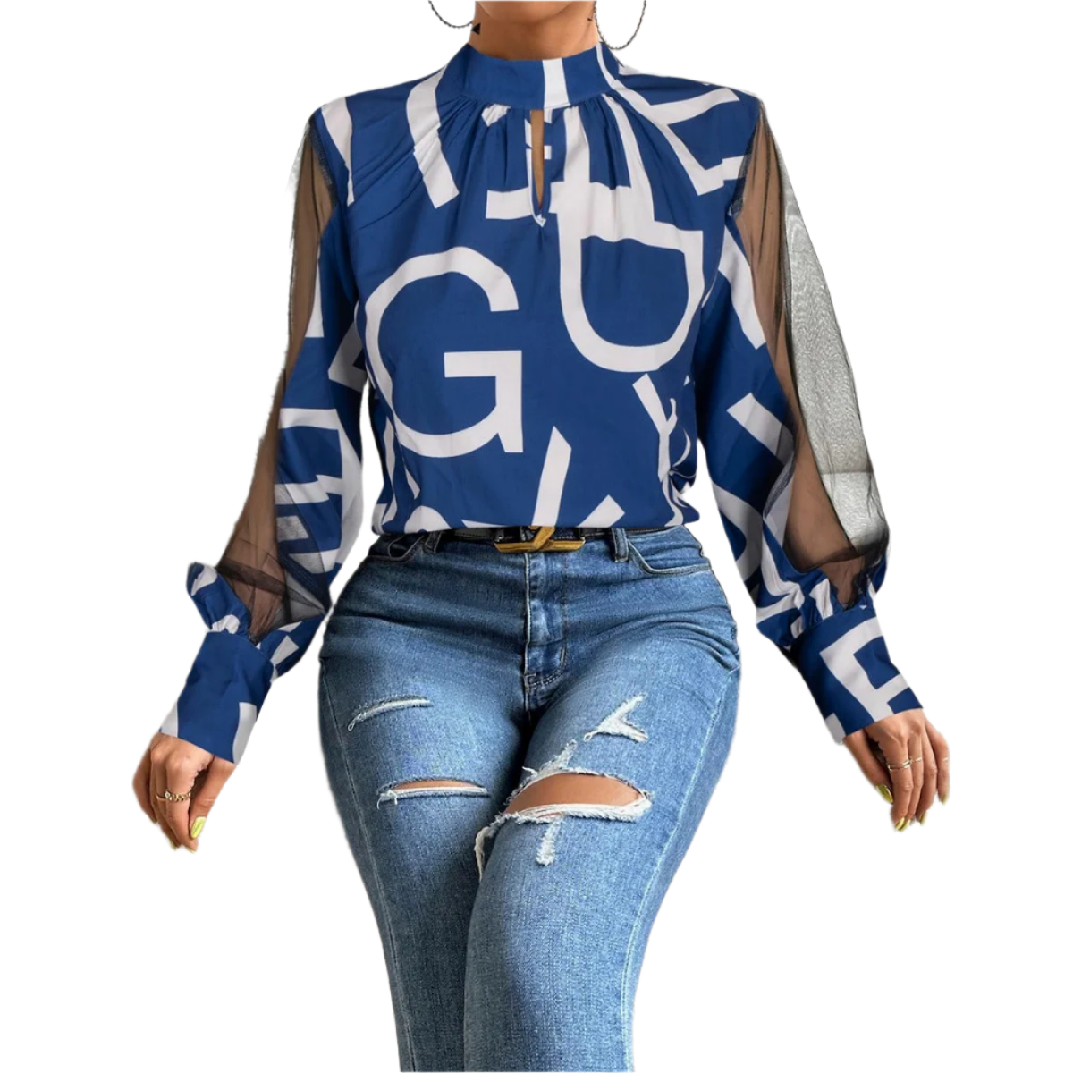 Alessia – Elegante Dames Blouse met Patchwork en Letterprint