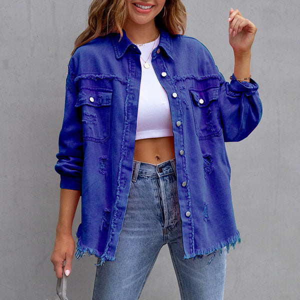 Camille – Vrouwelijk Denim Jack met Kleurrijke Distressed Look