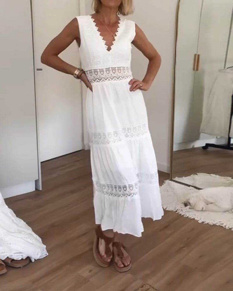 Elena – Mouwloze Zomerjurk met Kant en V-Hals voor Dames