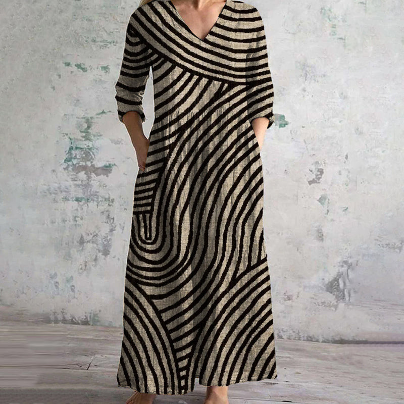 Isabella – Gestreepte Vintage Damesjurk met Zijdelingse Zakken