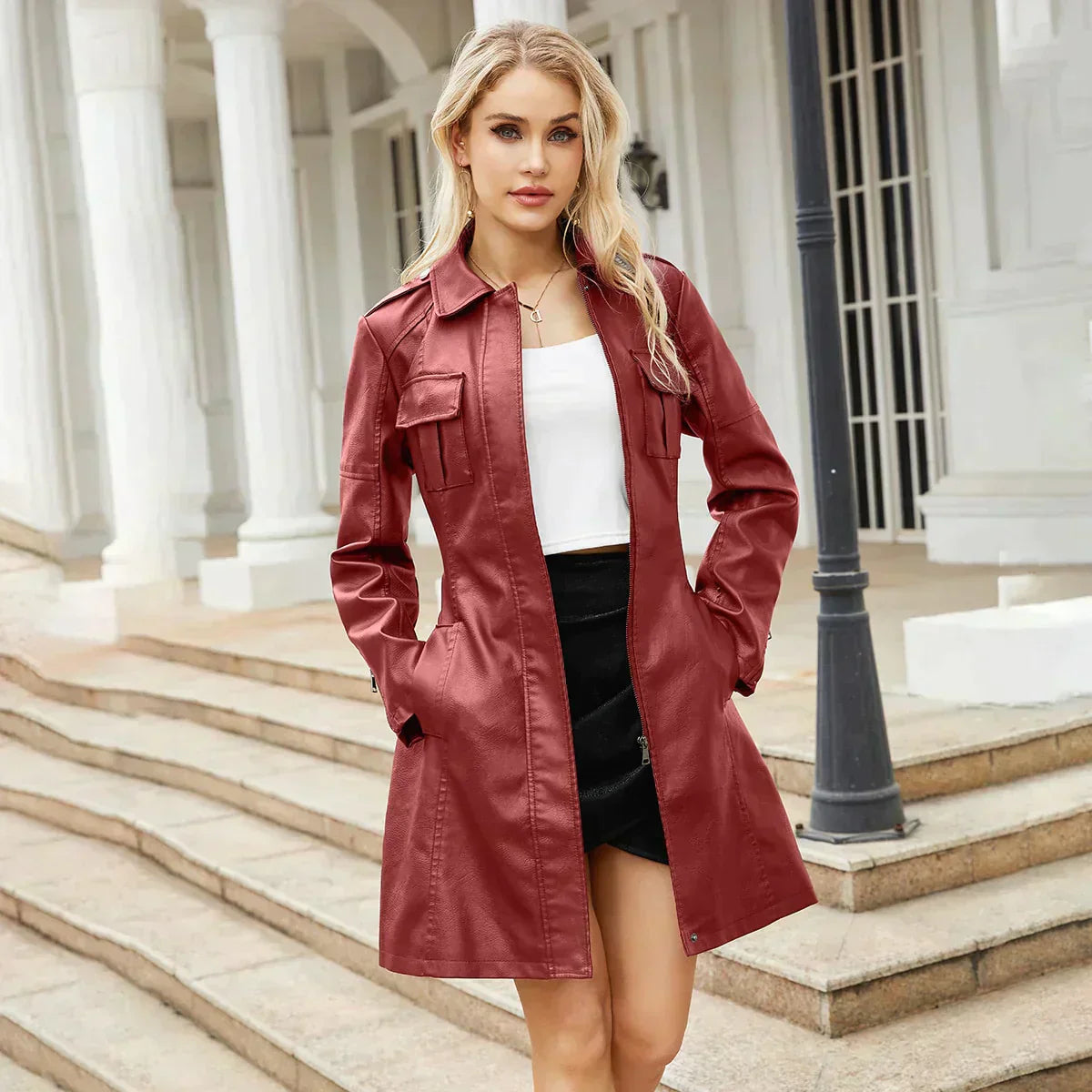 Isabella – Lange Damesjas van Imitatieleer met Ceintuur