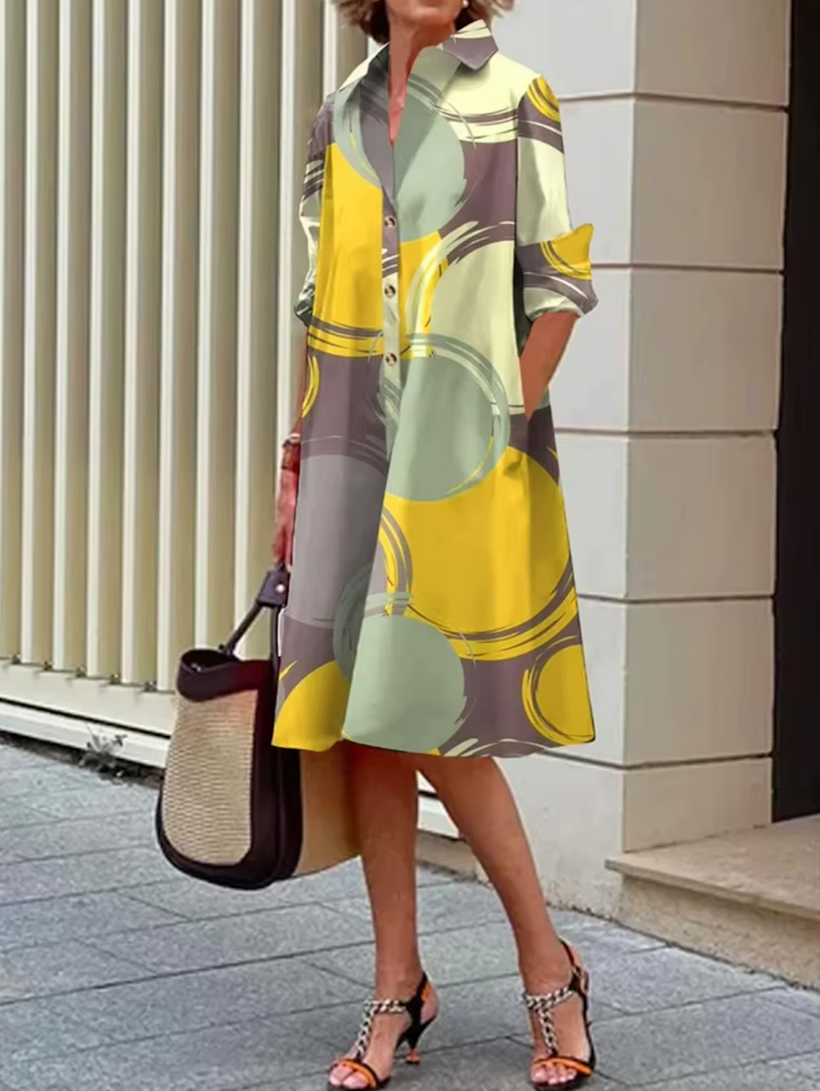 Kaye – Dames Blauwe Geometrische Strepen Midi Jurk