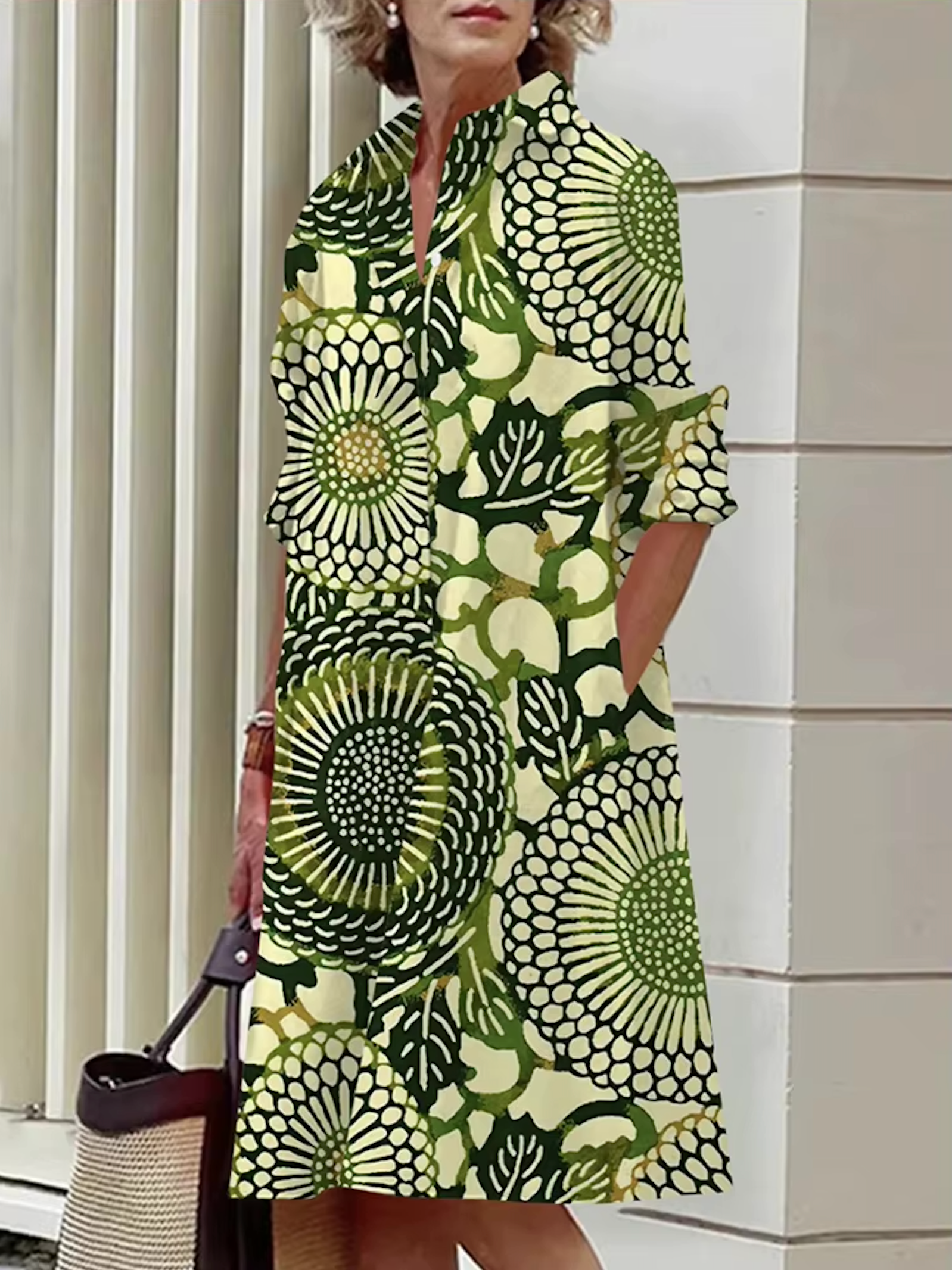 Kaye – Dames Blauwe Geometrische Strepen Midi Jurk