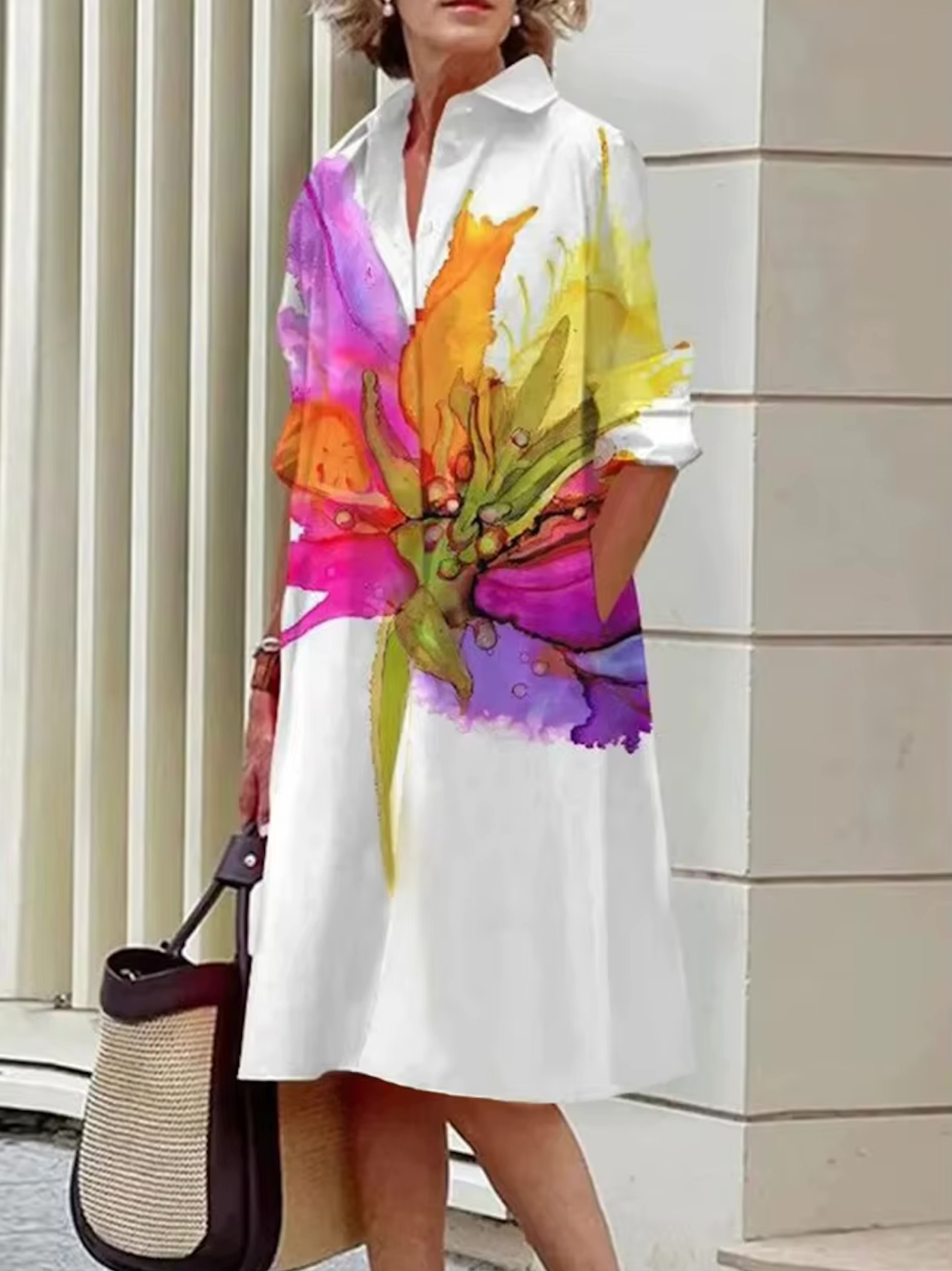 Kaye – Dames Blauwe Geometrische Strepen Midi Jurk