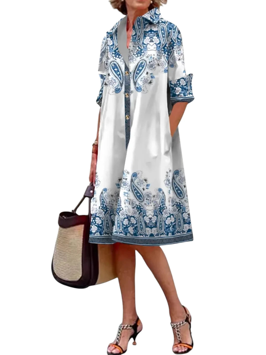 Kaye – Dames Blauwe Geometrische Strepen Midi Jurk