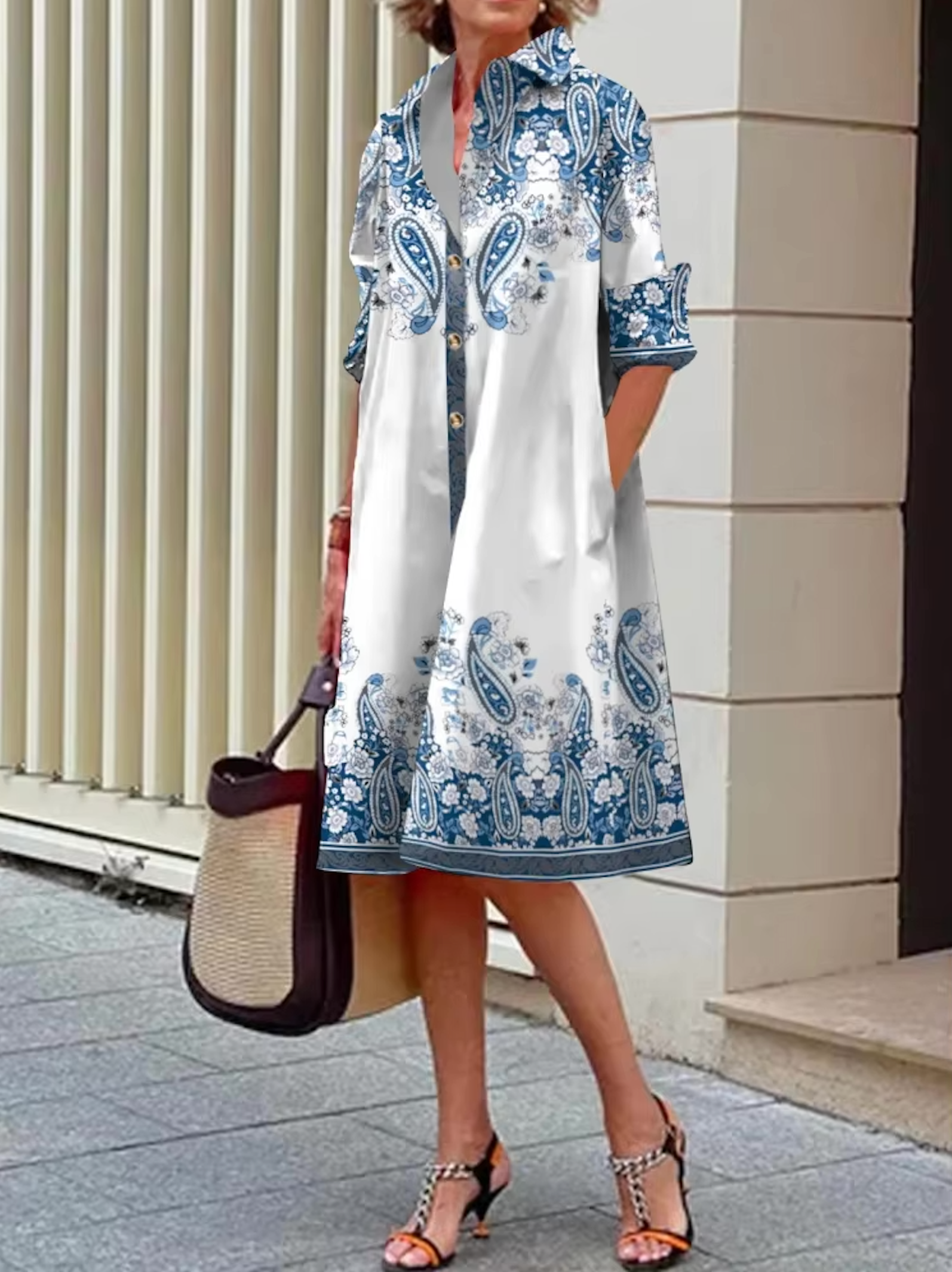Kaye – Dames Blauwe Geometrische Strepen Midi Jurk