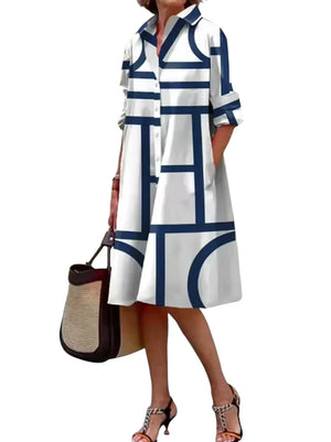 Kaye – Dames Blauwe Geometrische Strepen Midi Jurk