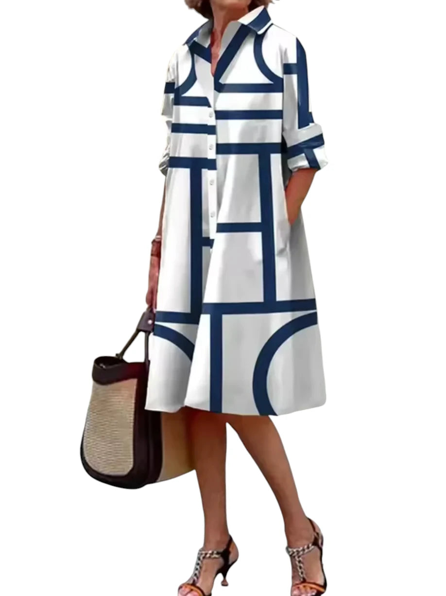 Kaye – Dames Blauwe Geometrische Strepen Midi Jurk
