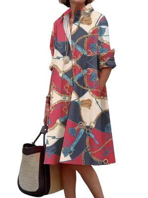 Kaye – Dames Blauwe Geometrische Strepen Midi Jurk