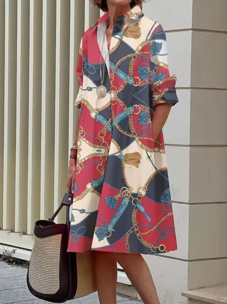 Kaye – Dames Blauwe Geometrische Strepen Midi Jurk