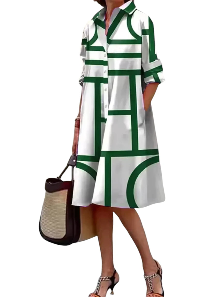 Kaye – Dames Blauwe Geometrische Strepen Midi Jurk