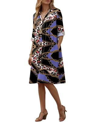 Kaye – Dames Blauwe Geometrische Strepen Midi Jurk