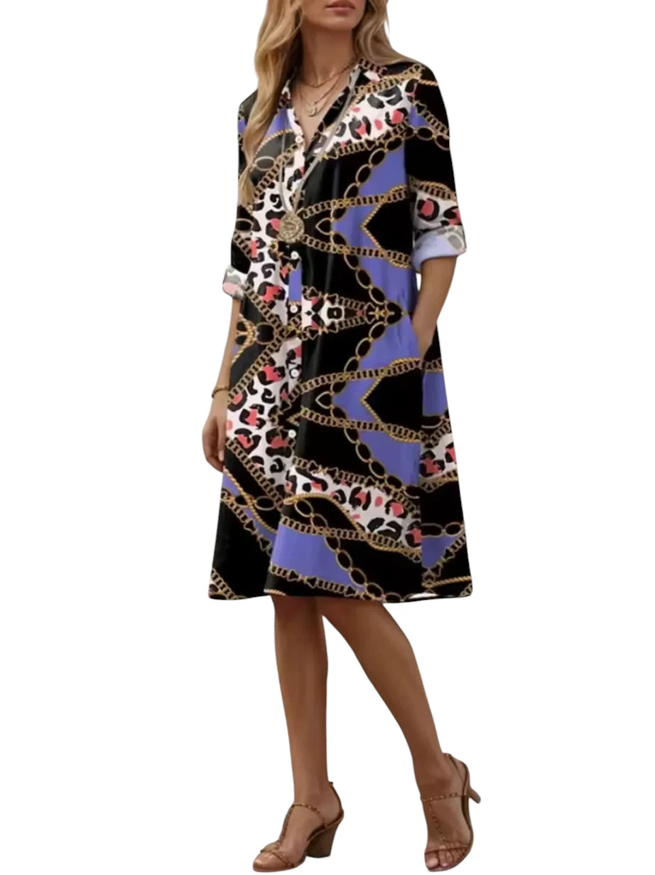Kaye – Dames Blauwe Geometrische Strepen Midi Jurk