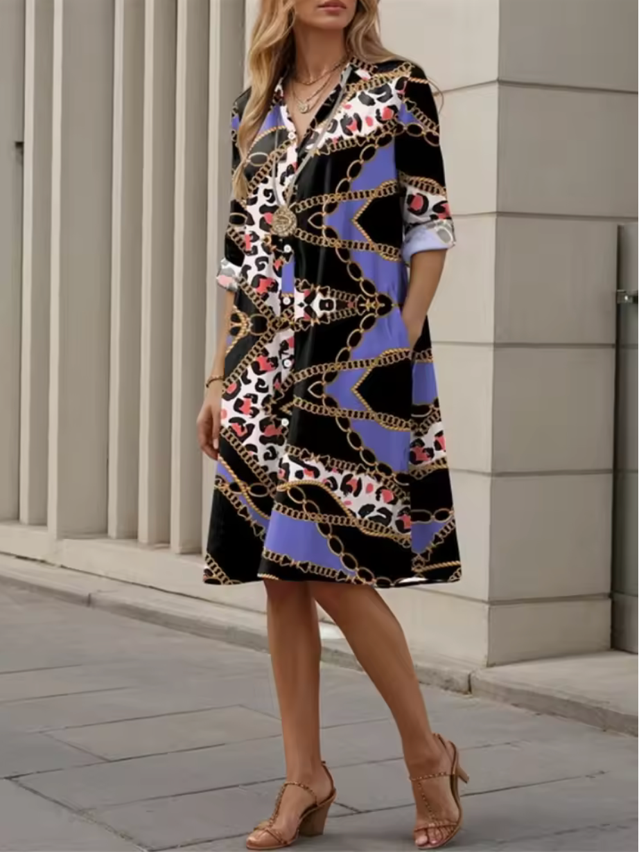Kaye – Dames Blauwe Geometrische Strepen Midi Jurk