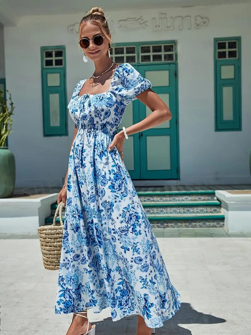 Sofia – Bloemen Maxi Jurk met Pofmouwen voor Dames