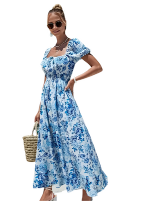 Sofia – Bloemen Maxi Jurk met Pofmouwen voor Dames