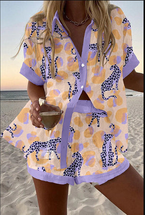 Skylar – Linnen Dames Cropped Set met Luipaardprint