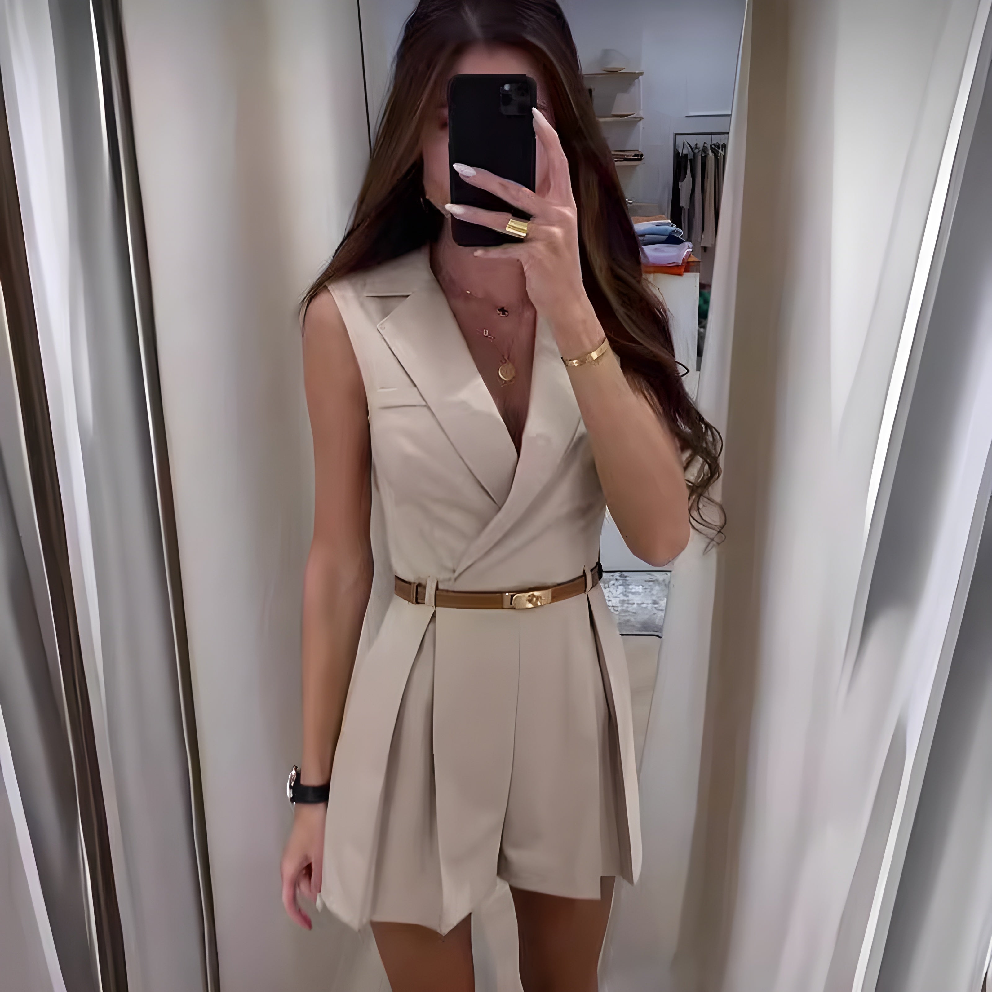 Silvoria – Mouwloze Dames Jumpsuit in Zwart & Beige