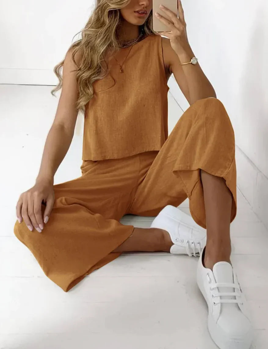Janna – Tweedelige Dames Set met Wijde Broek en Top van Zachte Katoen