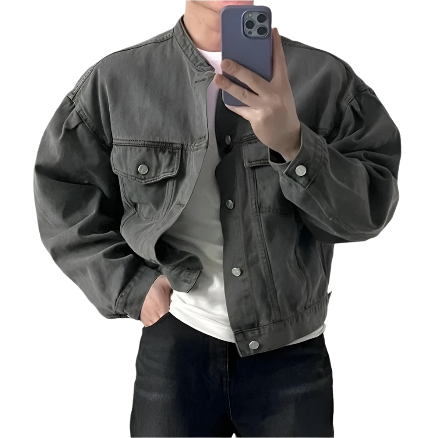 Brent – Oversized Heren Denim Jas met Mandarijnkraag