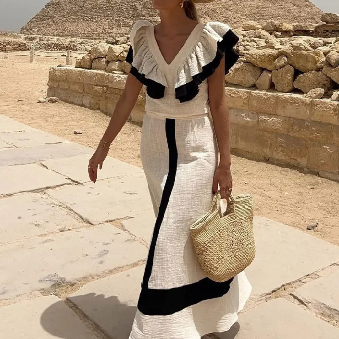 IsabellaNeri Elegante Hoge Taille Ruffle Midi Jurk Voor Vrouwen