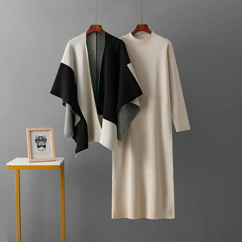 Sophia – Elegante Dames Tweedelige Jurk met Contrastkraag