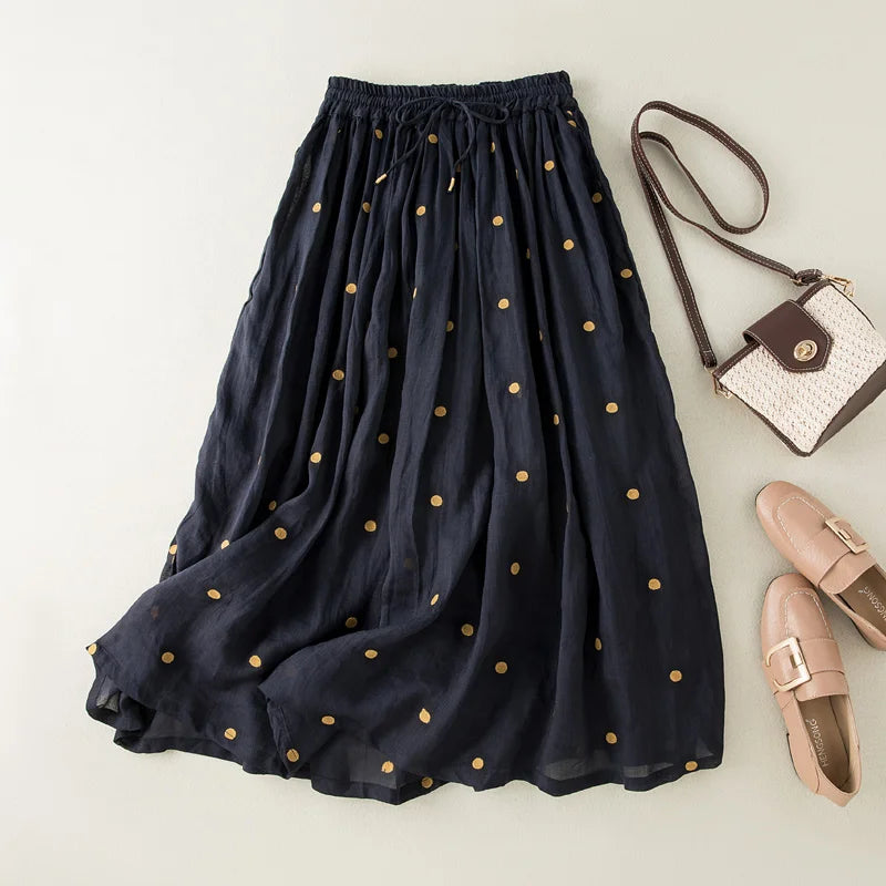 Sofia – Polkadot Linnen Dames Midi-Rok
