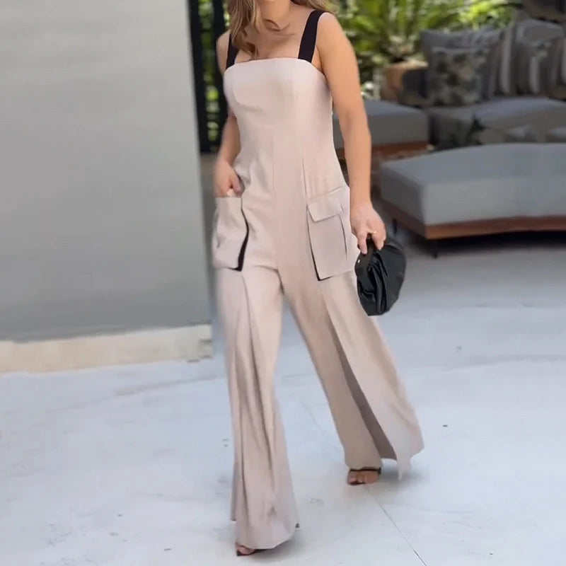 Elena – Rugloze Dames Colorblock Jumpsuit met Zakken
