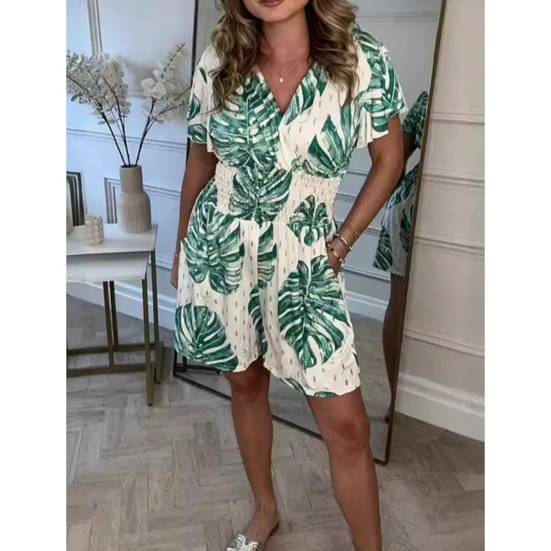 Lucía – V-Hals Dames Jumpsuit met Bladerenprint voor de Zomer