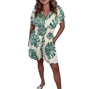 Lucía – V-Hals Dames Jumpsuit met Bladerenprint voor de Zomer