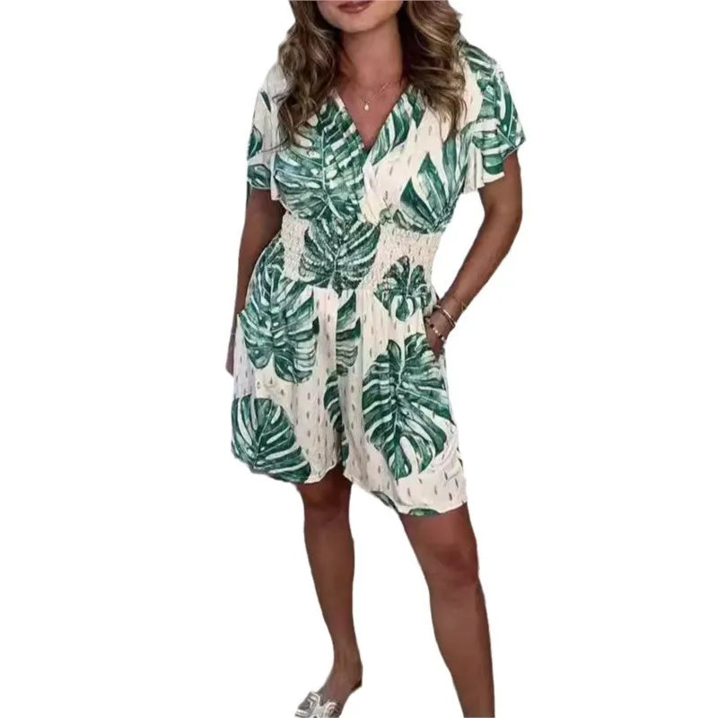 Lucía – V-Hals Dames Jumpsuit met Bladerenprint voor de Zomer