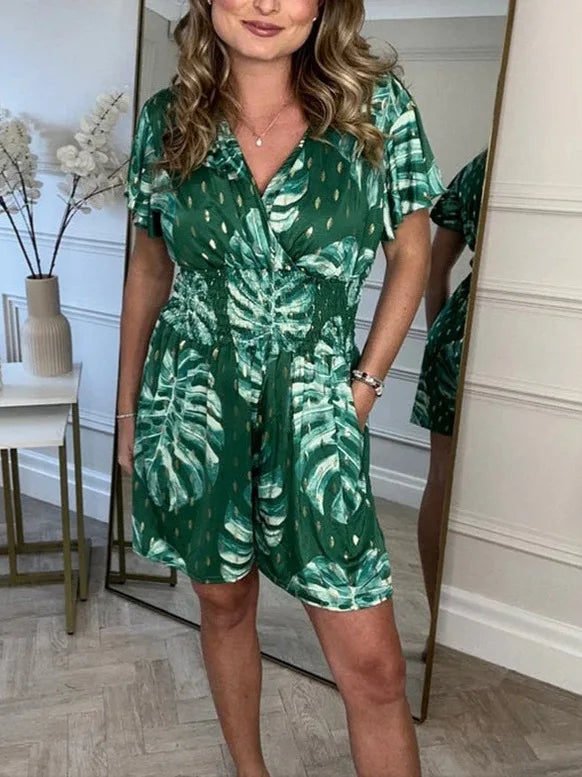 Lucía – V-Hals Dames Jumpsuit met Bladerenprint voor de Zomer