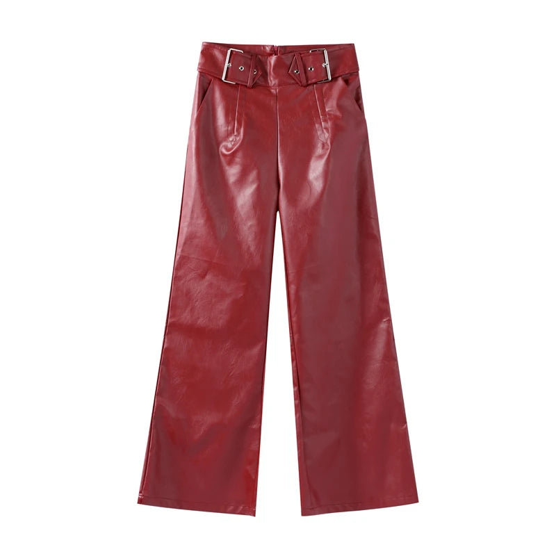 Alicia – Retro Wijde Dames Leren Flared Broek