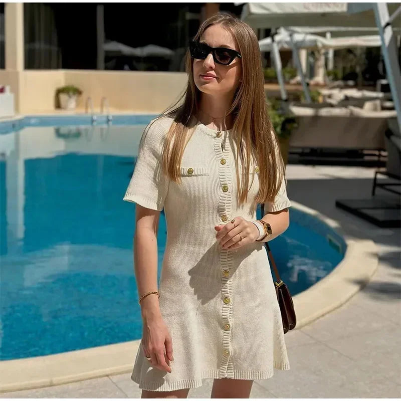 Gabriella – Elegante Gebreide Jurk met Gouden Accenten voor Dames