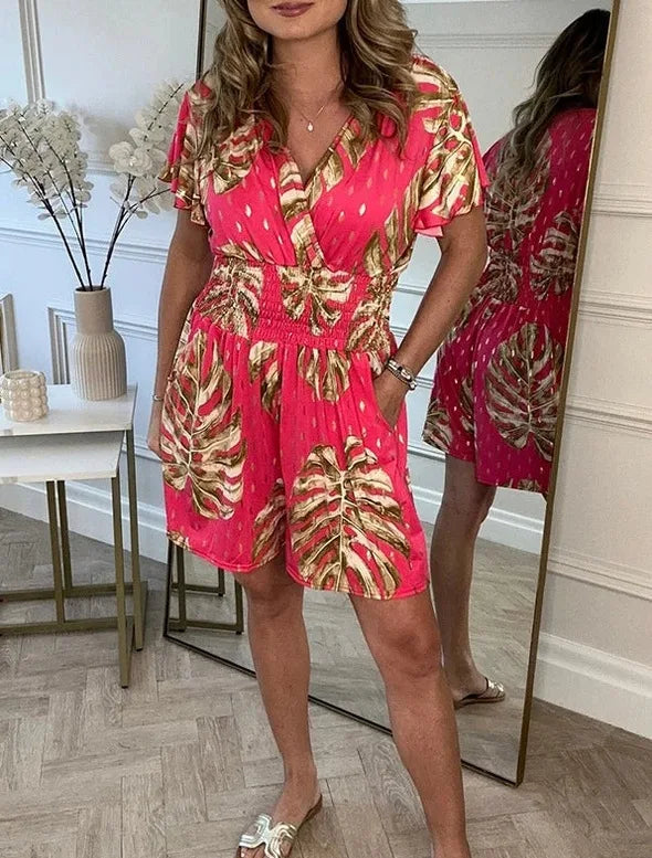 Lucía – V-Hals Dames Jumpsuit met Bladerenprint voor de Zomer