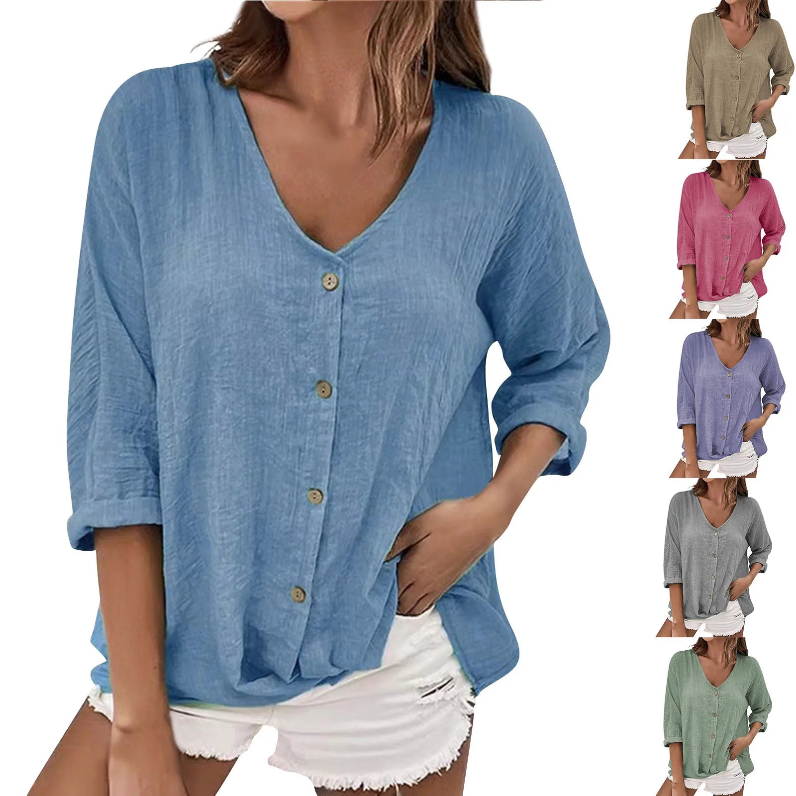 Anne – Retro V-Hals Dames Top met Knoopdetail