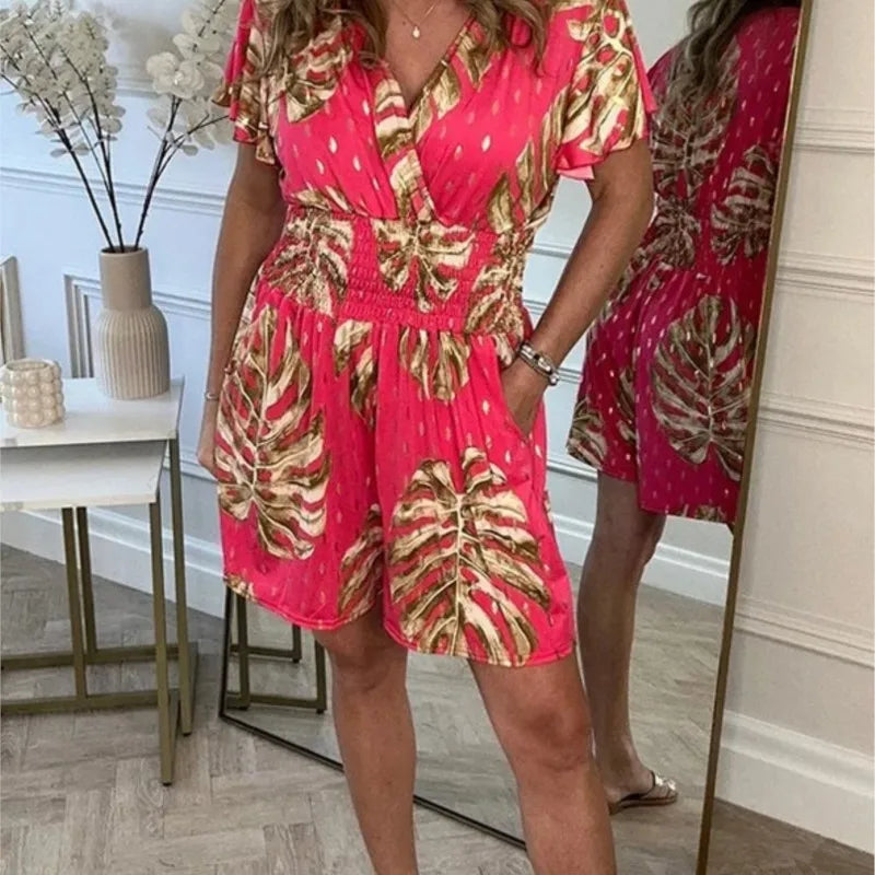 Lucía – V-Hals Dames Jumpsuit met Bladerenprint voor de Zomer