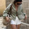 Giulia – Linnen V-Hals Damesblouse met Vetersluiting