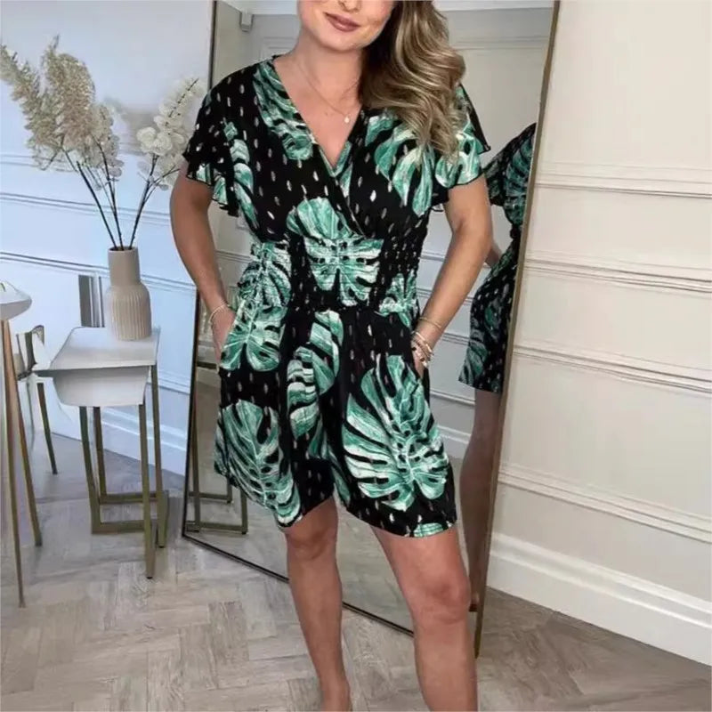 Lucía – V-Hals Dames Jumpsuit met Bladerenprint voor de Zomer