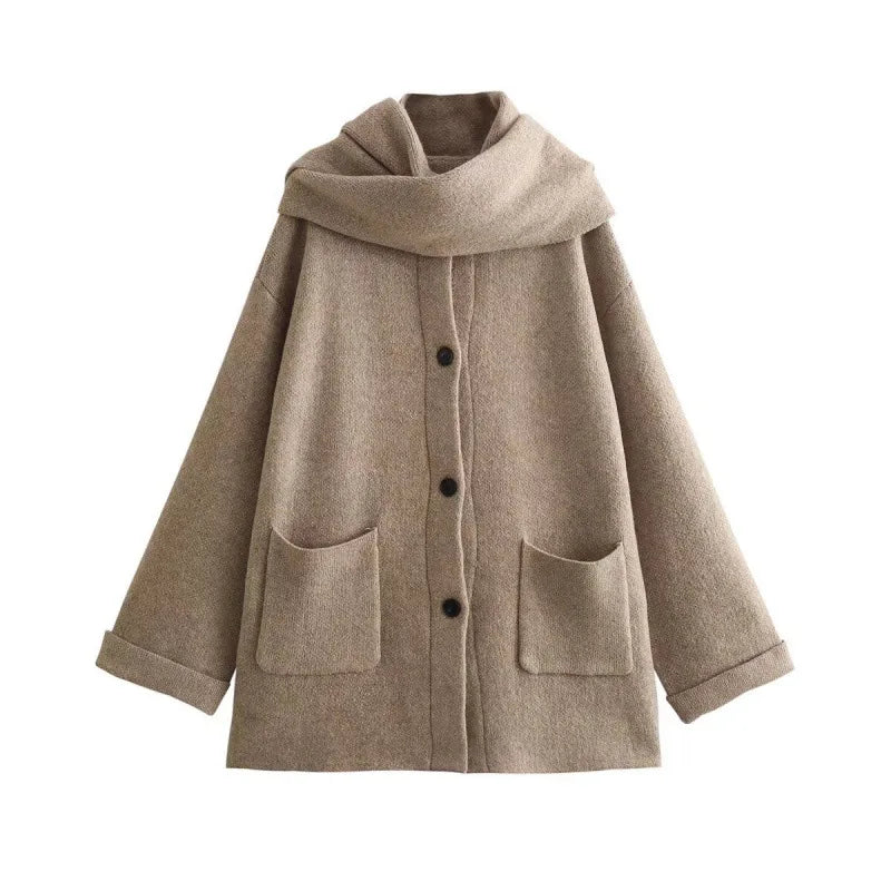 Elena – Comfortabele Damescardigan met Ingebouwde Sjaal
