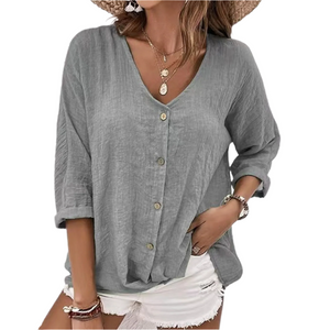 Anne – Retro V-Hals Dames Top met Knoopdetail