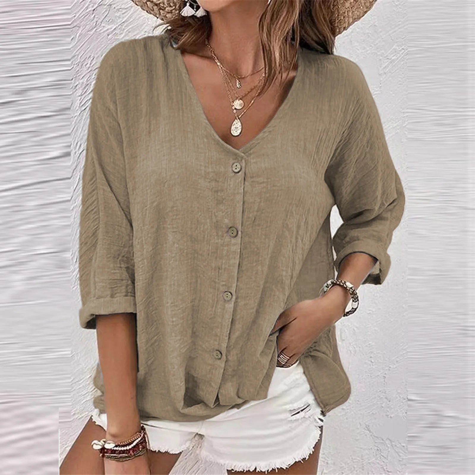 Anne – Retro V-Hals Dames Top met Knoopdetail