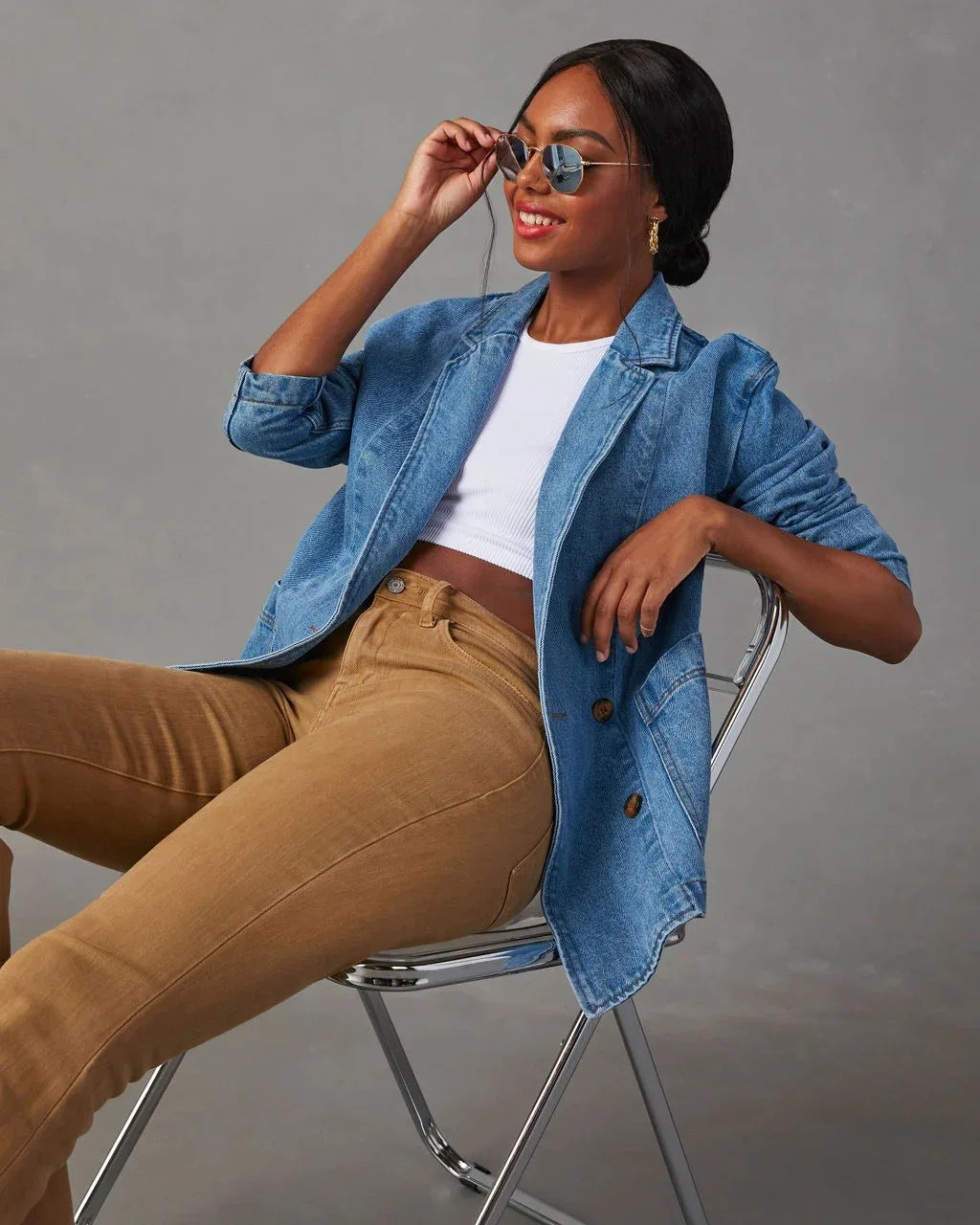 Velano – Vintage Blauwe Dames Denim Blazer